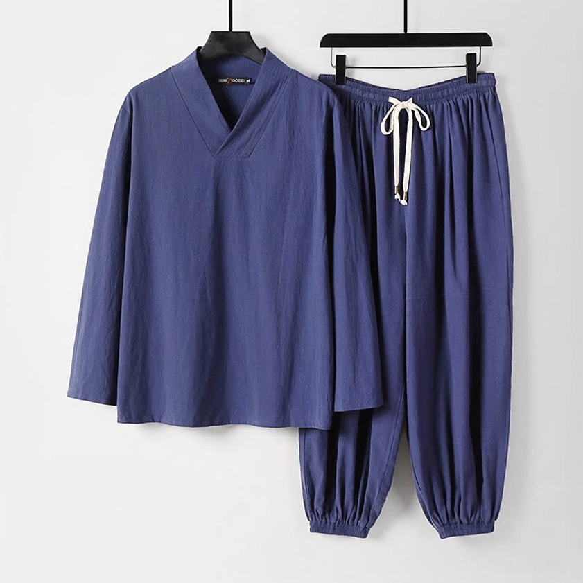 Complete men's Hanfu Tang suit set in cotton – top and pants styled together