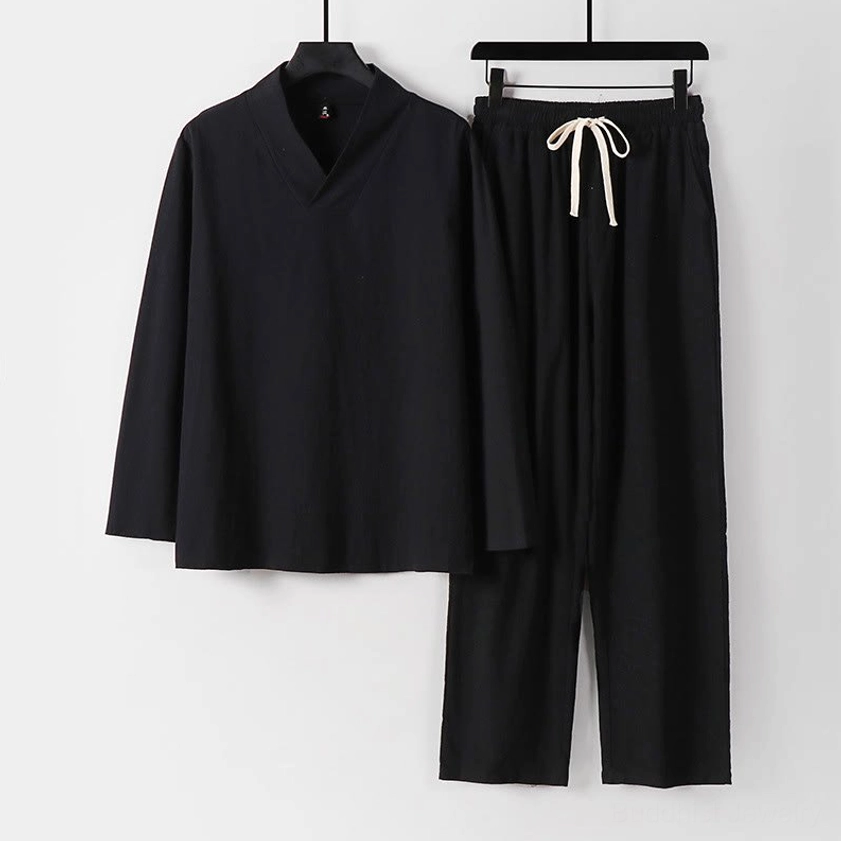 Men's black traditional cross-collar Hanfu cotton linen two-piece suit set front view