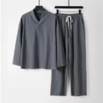 Men's gray traditional cross-collar Hanfu cotton linen two-piece suit set front view