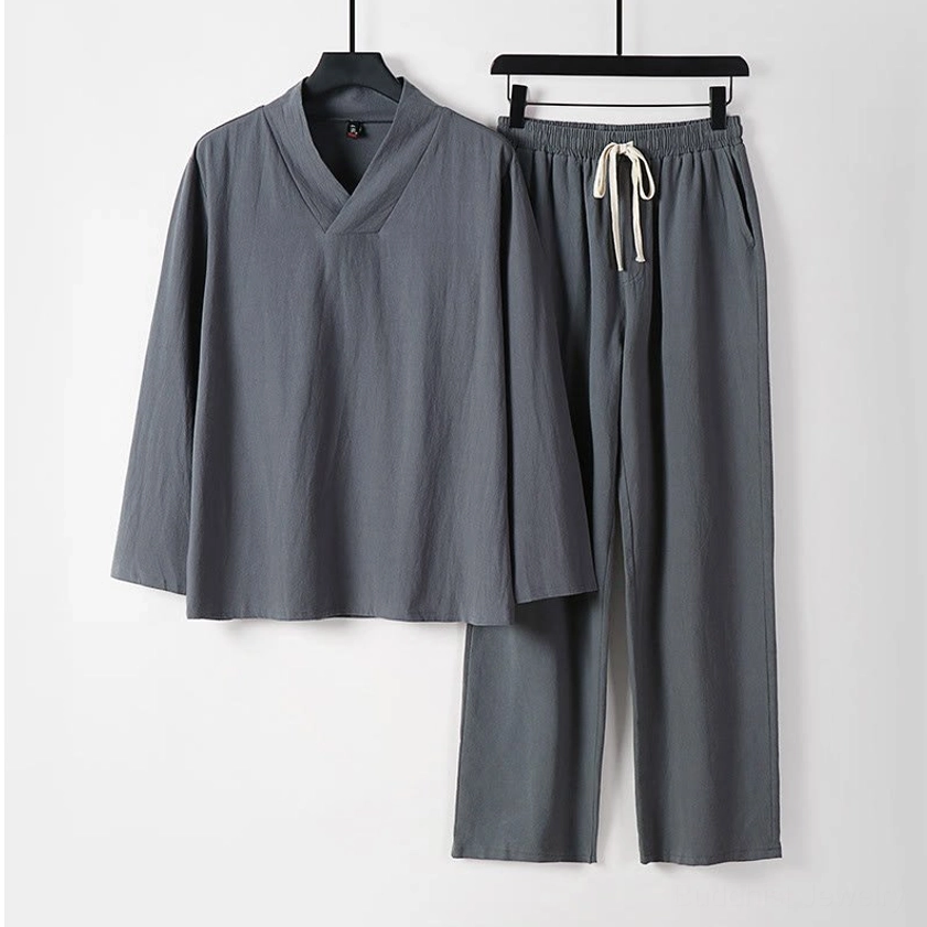 Men's gray traditional cross-collar Hanfu cotton linen two-piece suit set front view