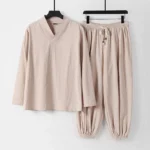 Men's Hanfu cotton Tang suit set with cross-collar top and cropped harem pants – front view overhead shot