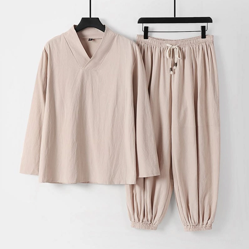 Men's Hanfu cotton Tang suit set with cross-collar top and cropped harem pants – front view overhead shot
