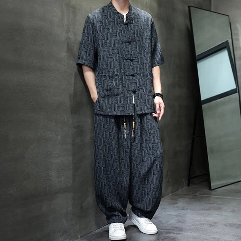 Men's geometric harem pants with drawstring waist - rear side view showing loose comfortable fit