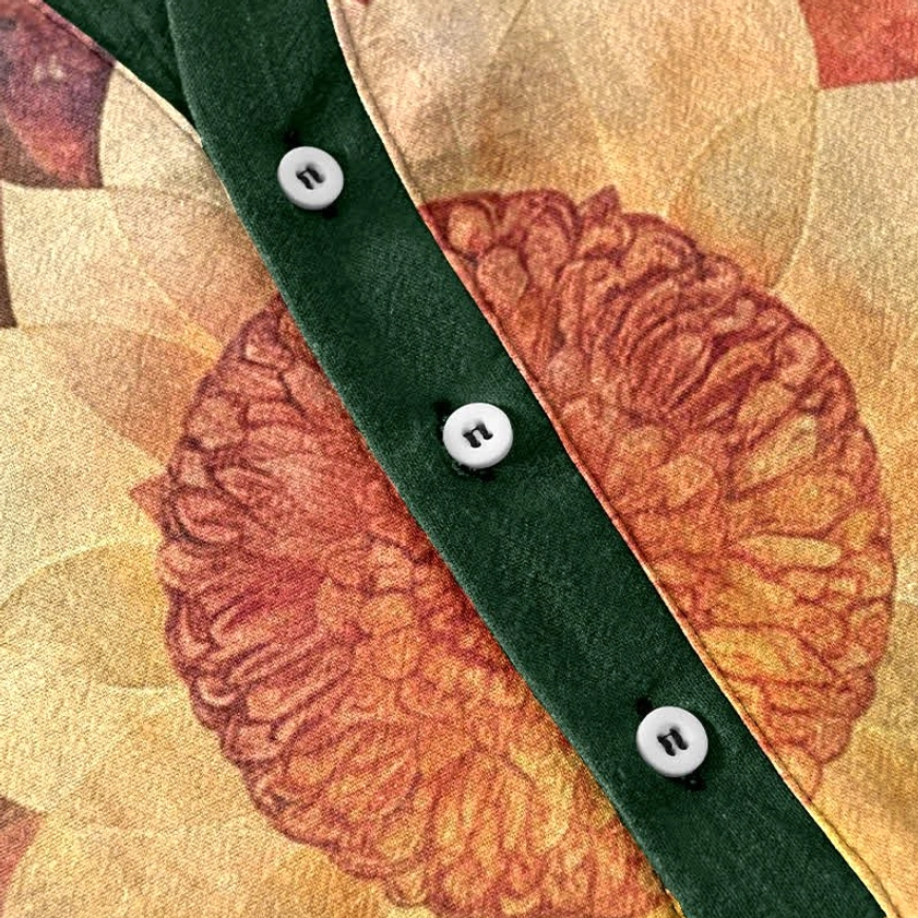 Detailed view of white button placket with three premium buttons on Buddhist lotus meditation printed henley shirt front