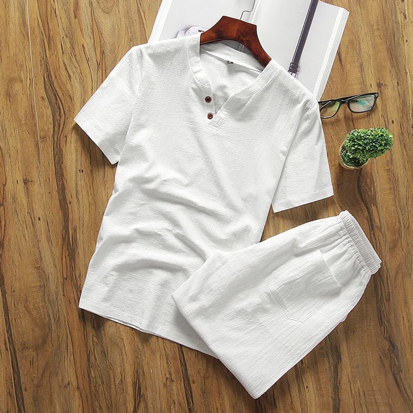White cotton linen meditation henley shirt and shorts ensemble top-down view