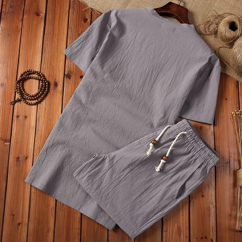 Light gray cotton linen meditation set for men, partial two-piece display