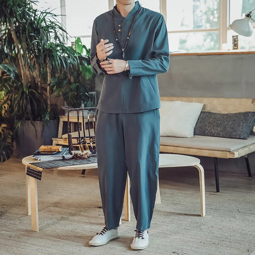 Men's linen meditation clothing set showing long sleeve length and fit