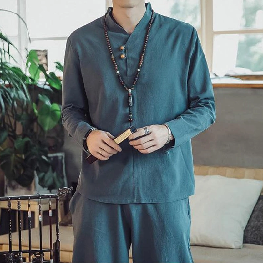 Men's linen meditation set full body stance showing overall proportions