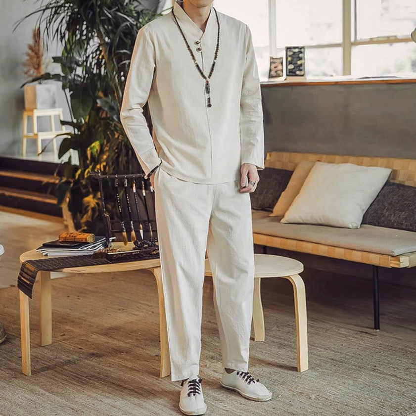 Men's linen meditation outfit side profile showing ankle-length pants and relaxed fit