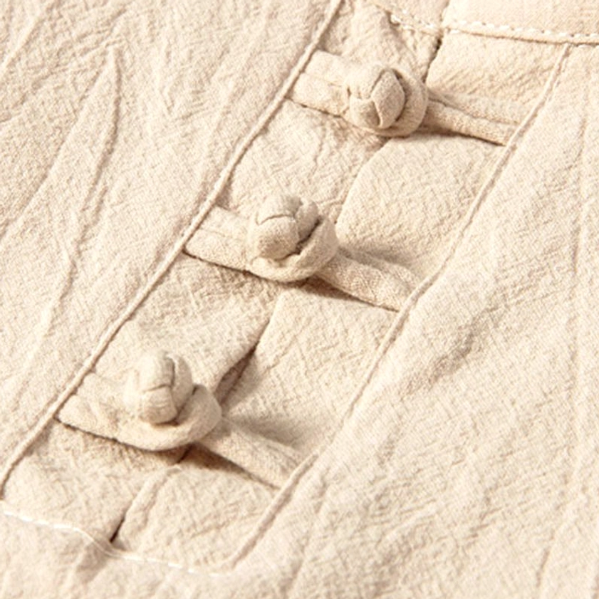 Men's linen meditation set in beige with long sleeves and frog buttons - complete two-piece outfit white background