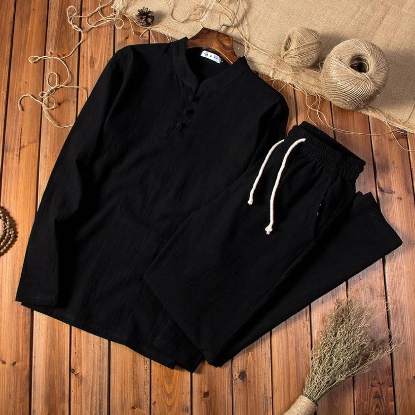 Men's black cotton-linen meditation clothing set with traditional frog buttons and long sleeves - formal Buddhist wear