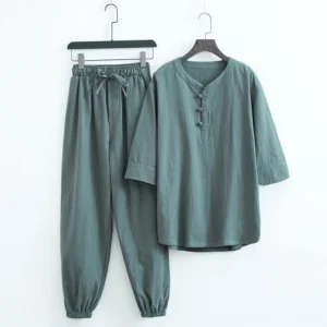 Men's linen Buddhist meditation wear set - dark teal front view with frog button V-neck and elastic waist pants