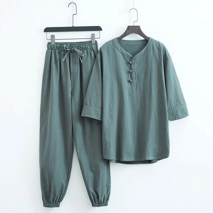 Men's linen Buddhist meditation wear set - dark teal front view with frog button V-neck and elastic waist pants