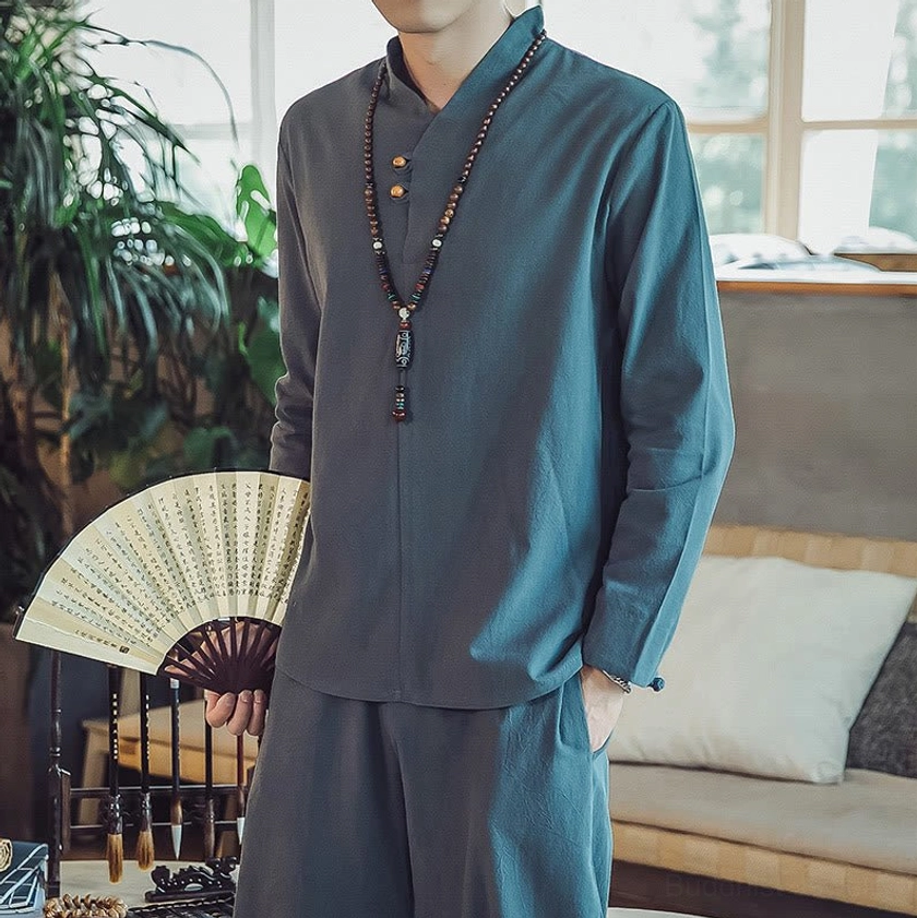 Men's linen meditation outfit showing slim fit silhouette and design minimalism
