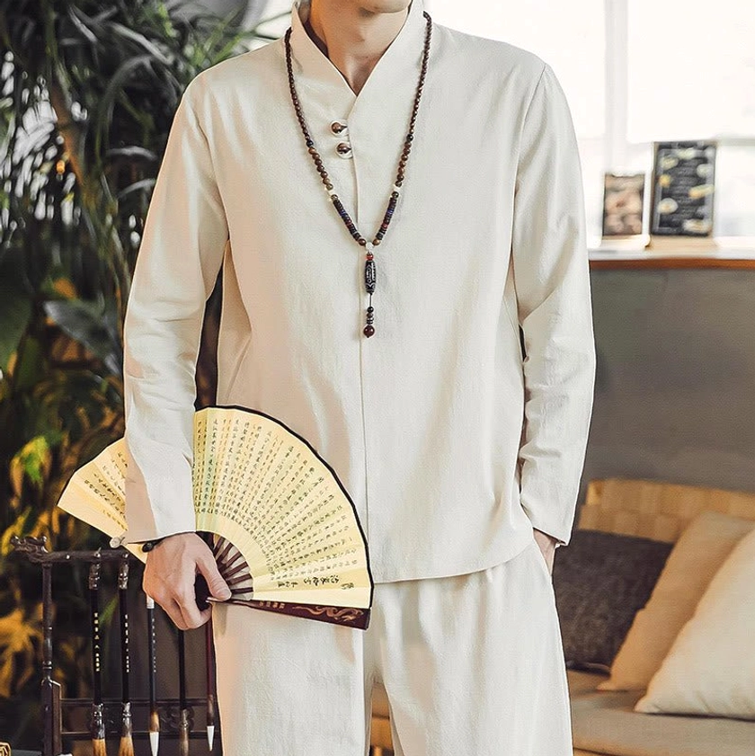 Men's linen meditation outfit half view with stand collar and button details