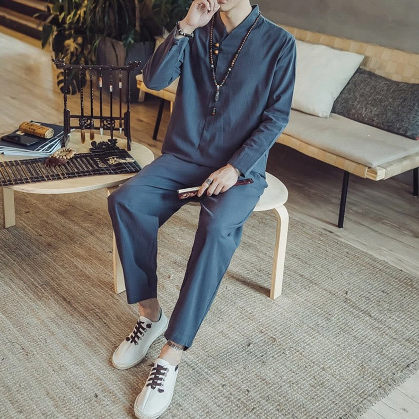 Men's linen clothing set package contents top and pants