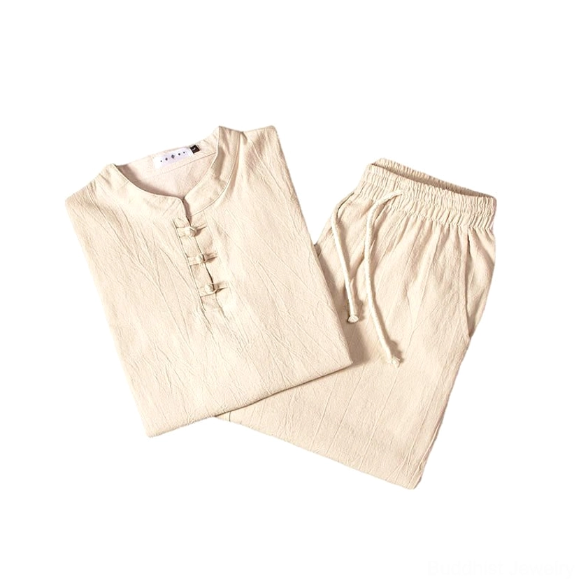 Beige linen long sleeve henley top with traditional frog knot button placket detail for Buddhist meditation wear