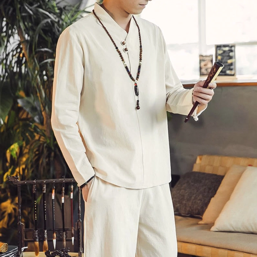 Men's linen meditation top half view with v-neck collar and long sleeves