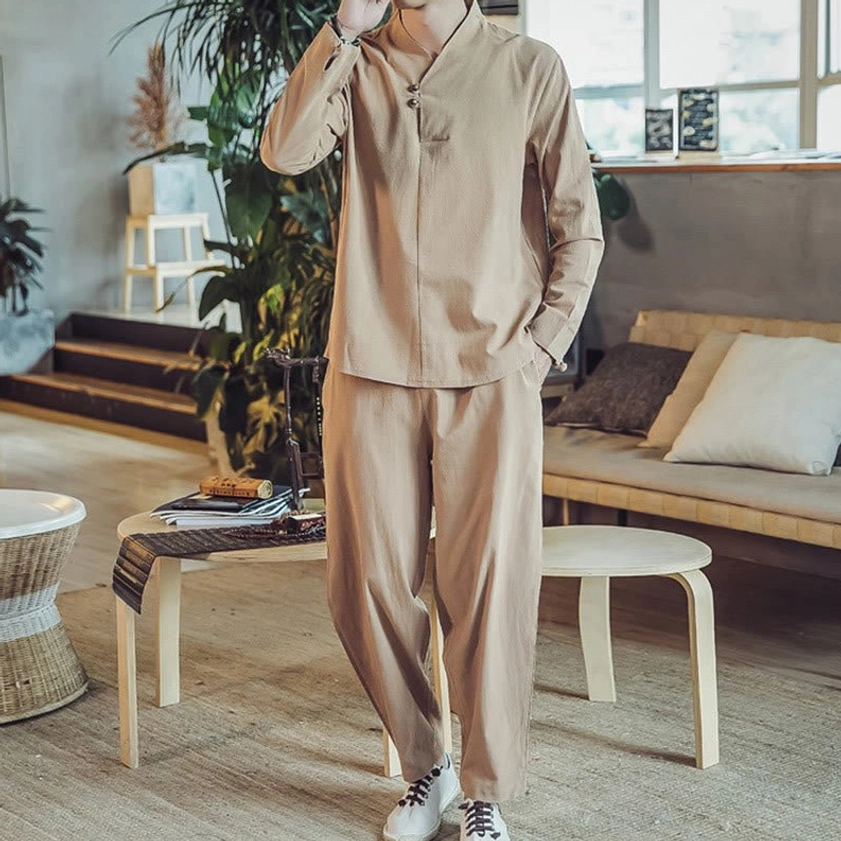 Men's linen meditation wear showing comfortable fit for yoga and tai chi