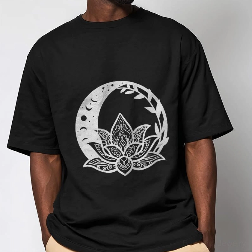 Unisex mens loose fit Buddhist t-shirt white lotus moon crescent print black crew neck