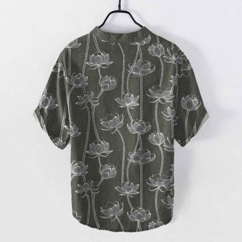 Men's grey lotus print henley shirt back view showing full coverage spiritual floral pattern on charcoal cotton