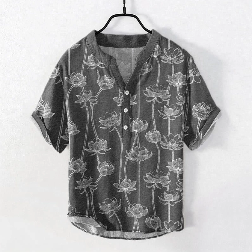 Men's charcoal grey lotus henley shirt front hanging view with white spiritual print and short sleeves on cotton