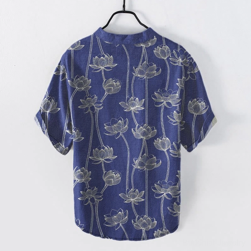 Navy blue lotus henley shirt back view showing full coverage white spiritual lotus print on short sleeve cotton
