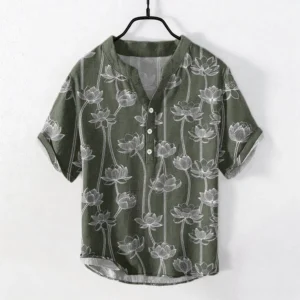 Men's navy blue lotus henley shirt front view with white line art floral print, half button stand collar, short sleeves