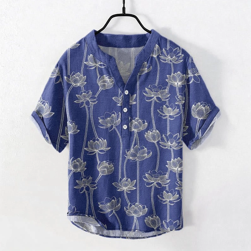 Men's navy blue lotus henley shirt front view with white line lotus flower pattern, stand collar half button design