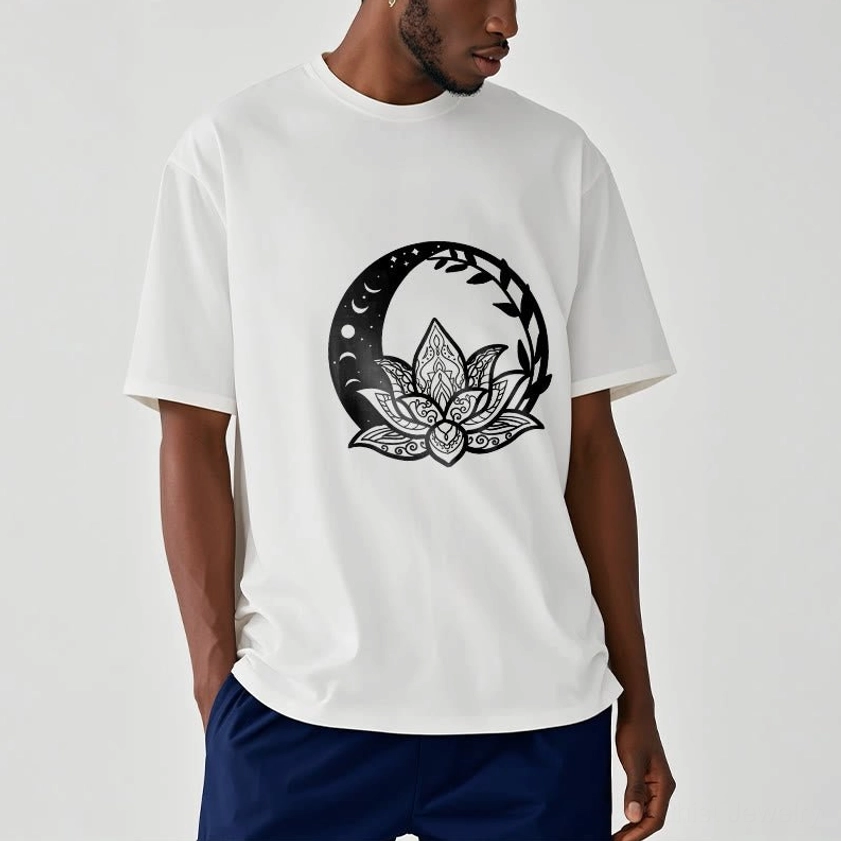Men wearing black lotus moon mandala print crew neck Buddhist graphic t-shirt casual style