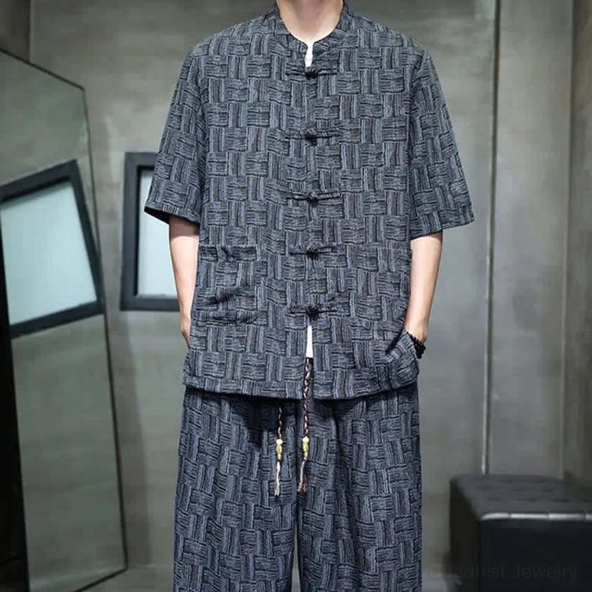 Men's mandarin collar frog button shirt and geometric harem pants two-piece set - complete outfit view