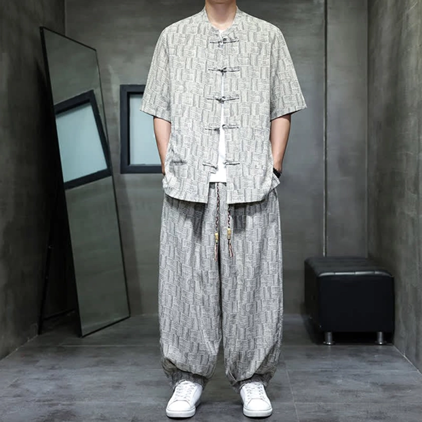 Men's Chinese style casual shirt - mandarin collar and frog button front closure detail shot