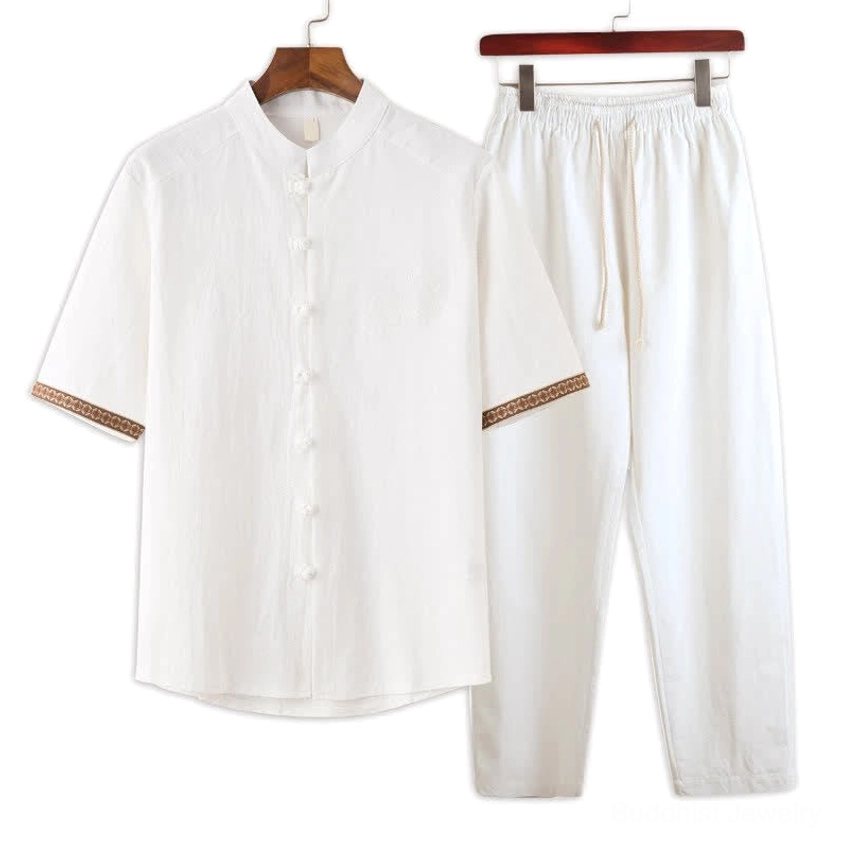 White meditation set front view, men's 2-piece tai chi outfit with mandarin collar and frog buttons