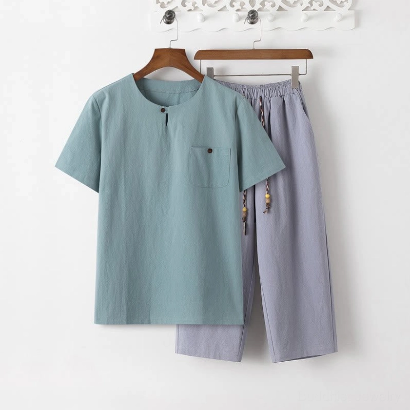 Men's Buddhist meditation clothing pale turquoise short sleeve shirt and light steel blue 7/8 length pants - premium cotton linen meditation apparel set