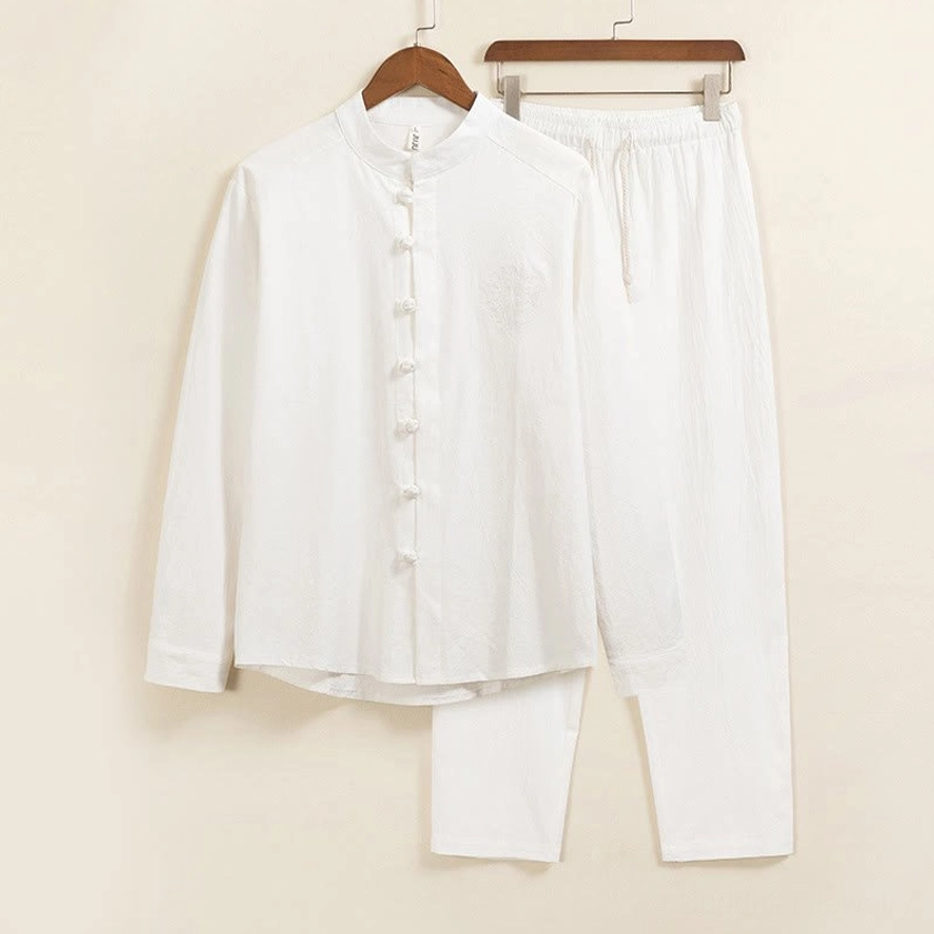 Men's Buddhist meditation wear two-piece set with traditional frog closures, white color, front hanging display