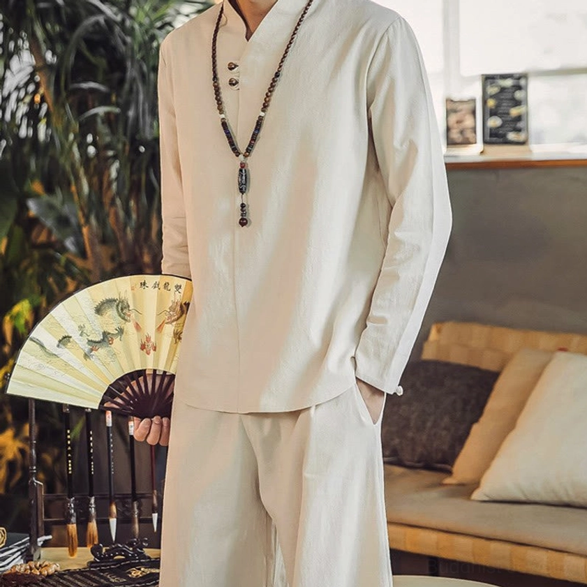 Men's meditation clothing half front view with practical pockets