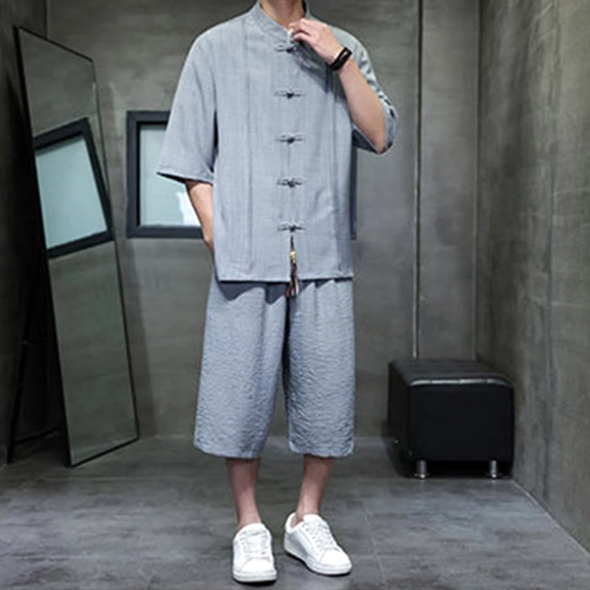 Men's lightweight linen blend meditation suit showing breathable fabric and relaxed fit