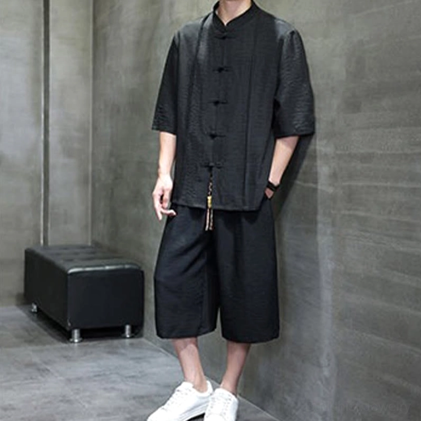 Side view of men's meditation clothing set showing relaxed fit and sleeve length