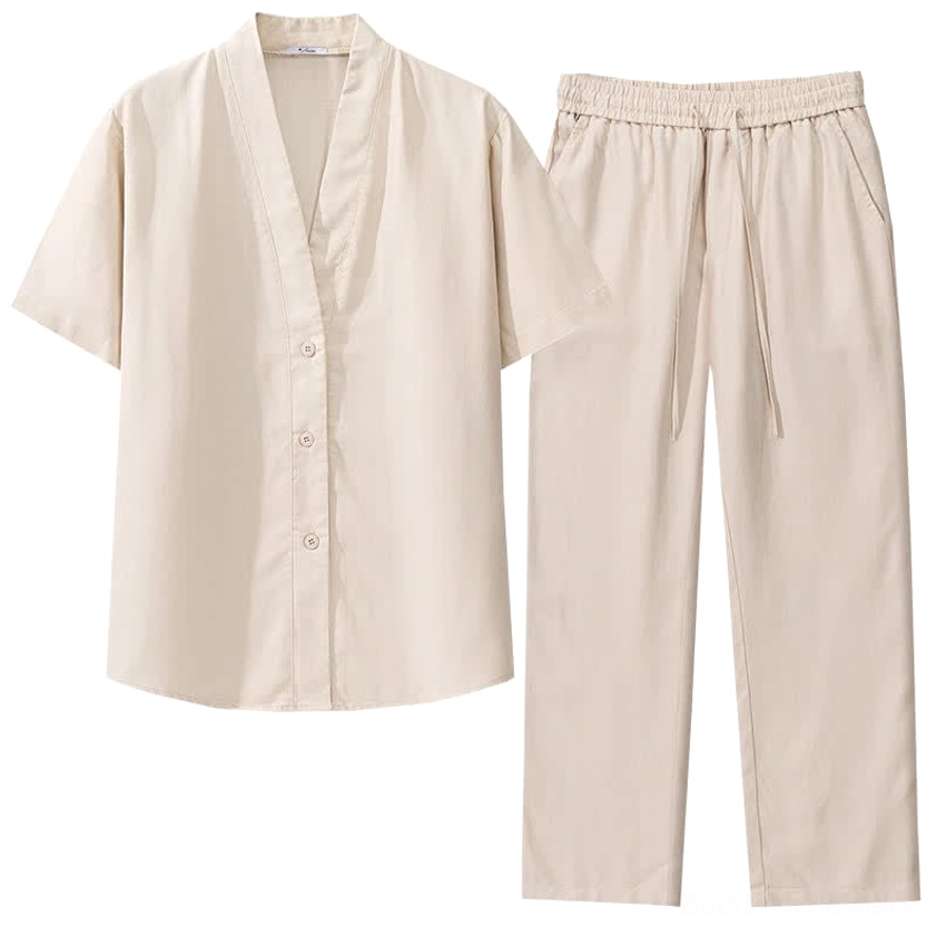 Solid cream-colored men's meditation clothing set with V-neck button design and elastic drawstring waist flat lay