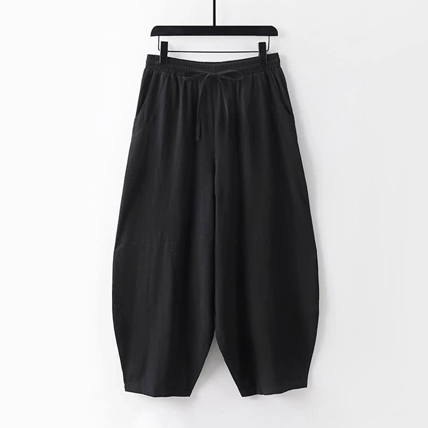 Men's black cropped lantern meditation pants elastic drawstring wide leg relaxed fit
