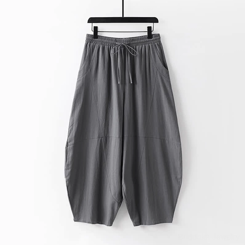 Men's dark gray cropped lantern meditation pants with adjustable drawstring waist relaxed fit