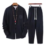 Men's meditation cotton shirt and pants two-piece set with frog buttons, front and back flat display on wooden hangers