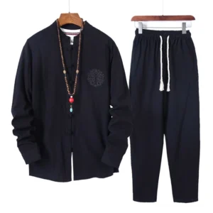 Men's meditation cotton shirt and pants two-piece set with frog buttons, front and back flat display on wooden hangers