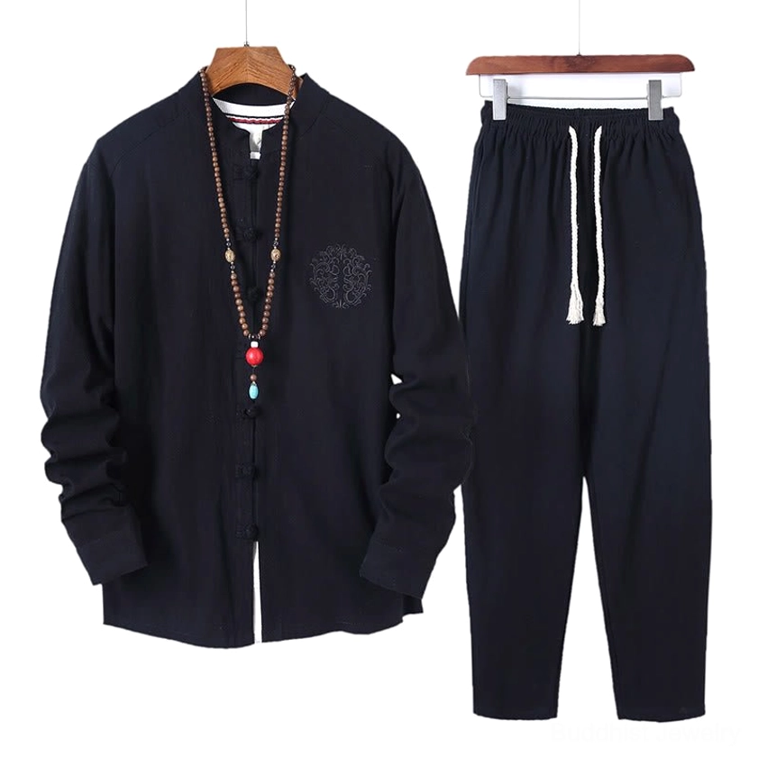 Men's meditation cotton shirt and pants two-piece set with frog buttons, front and back flat display on wooden hangers