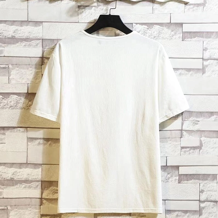 Men's Buddhist meditation cotton linen short sleeve henley shirt - off-white back detail view