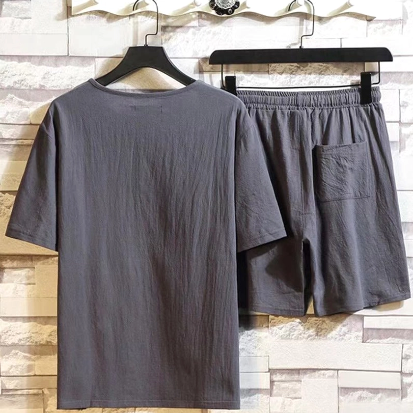 Men's Buddhist meditation loungewear - dark gray henley and shorts back view flat lay