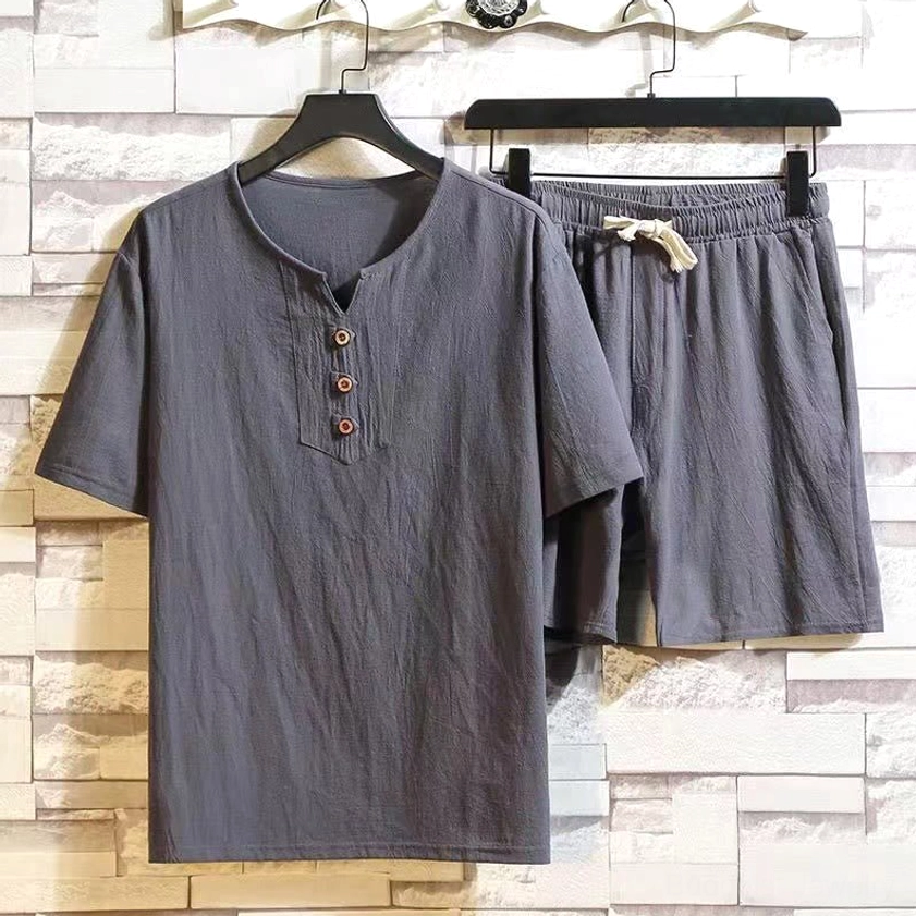 Men's Buddhist mindfulness meditation set - dark gray henley shirt with drawstring shorts front