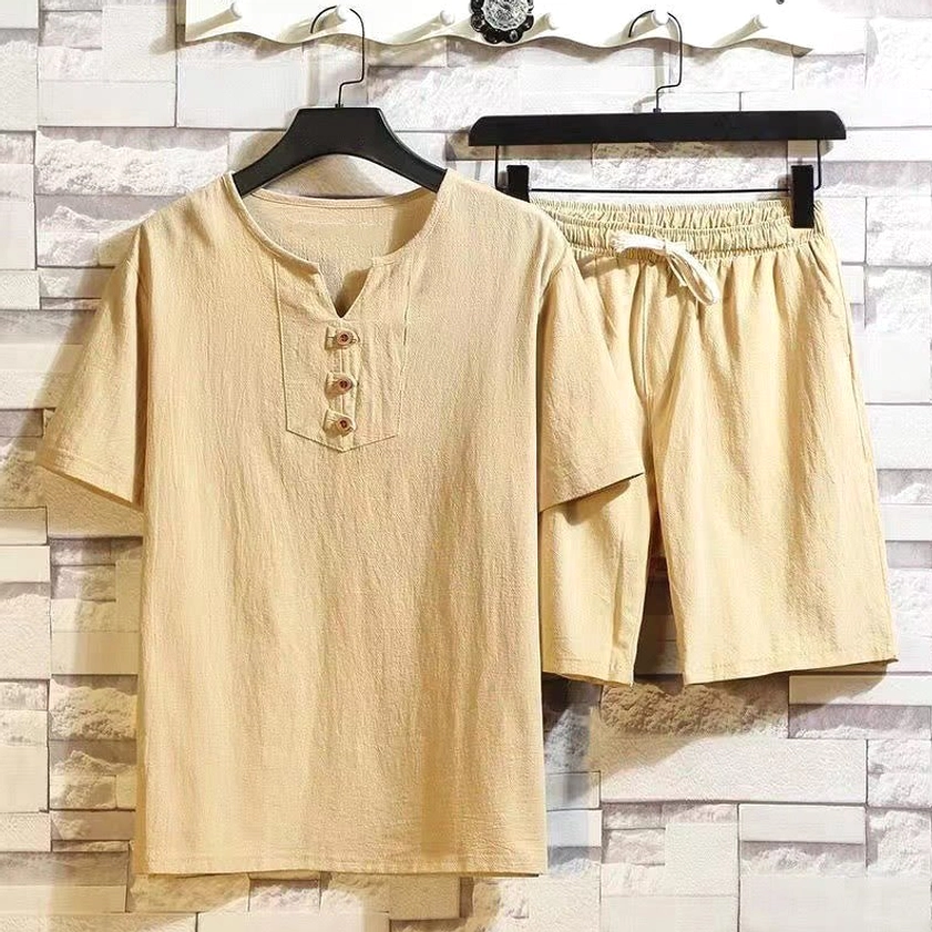 Men's Buddhist meditation set - khaki color henley shirt and drawstring shorts loungewear