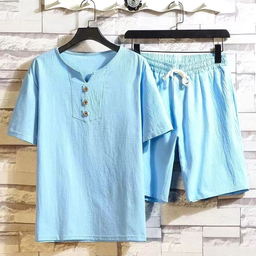 Men's Buddhist meditation henley shirt and shorts set - light sky blue color mindfulness wear