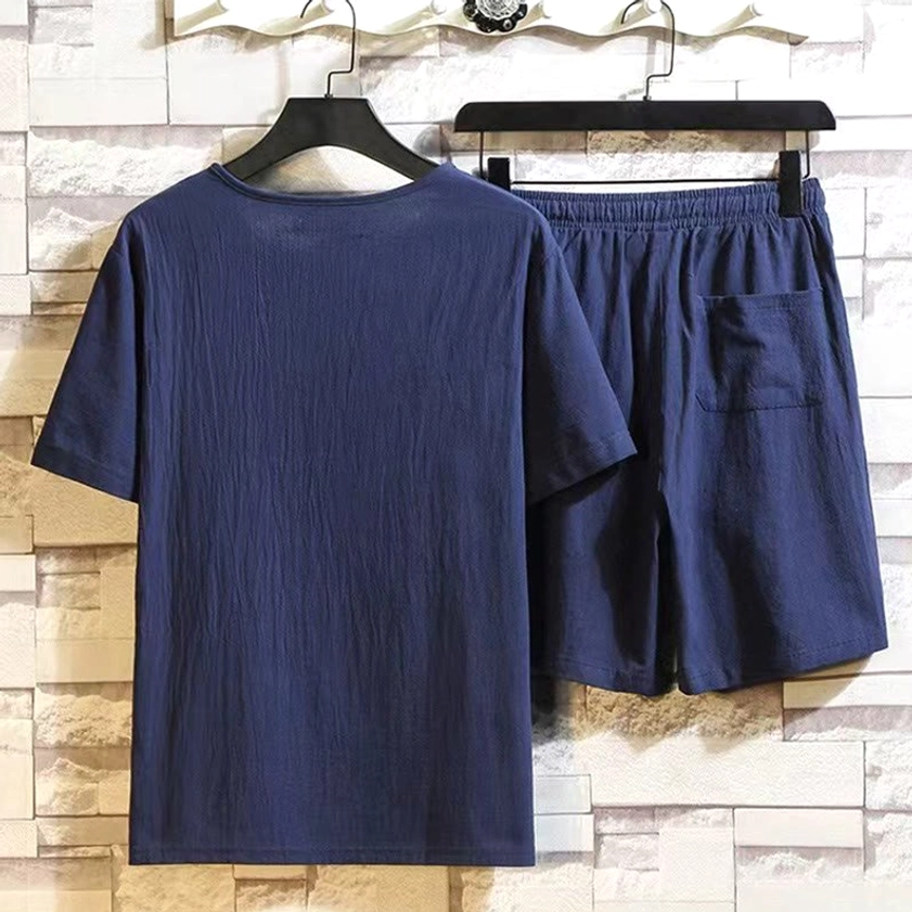 Men's Buddhist meditation wear two-piece loungewear - navy blue back view with drawstring shorts